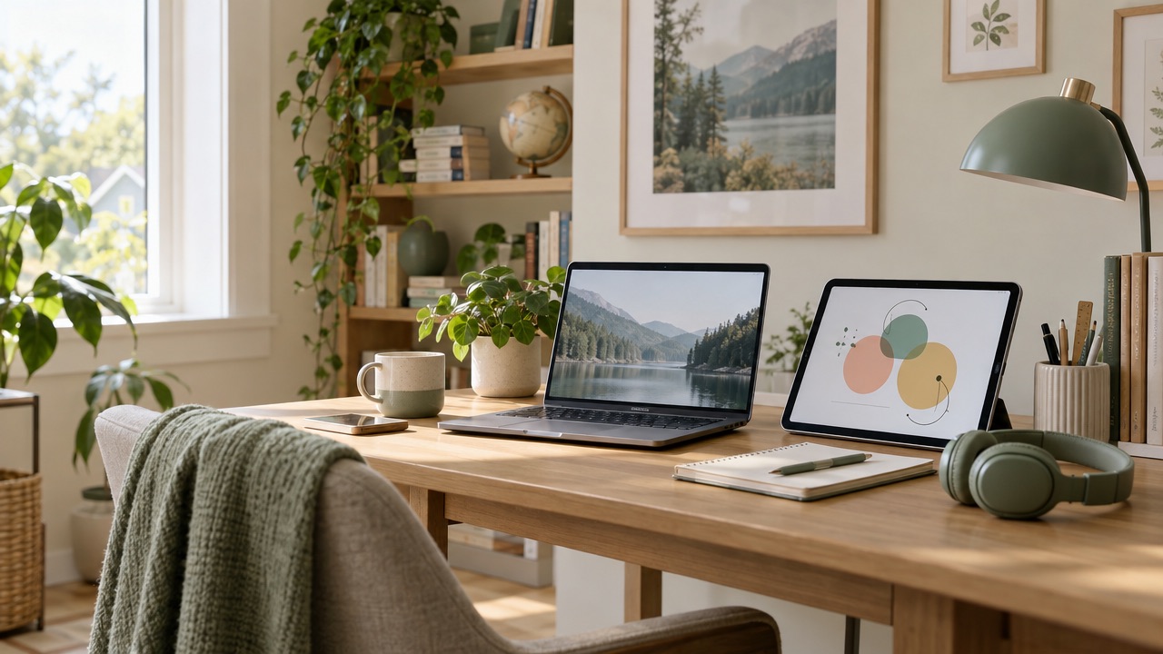 Medienplatz mit Laptop und Tablet – Symbolbild